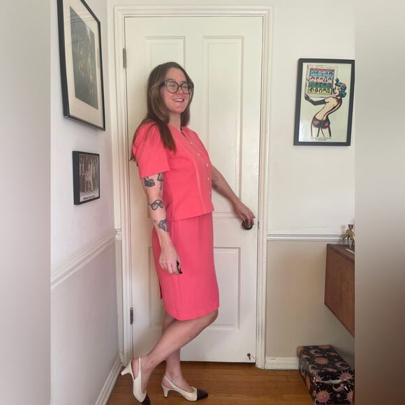 80s Vintage Pink Power Suit Dress - Picture 3 of 12